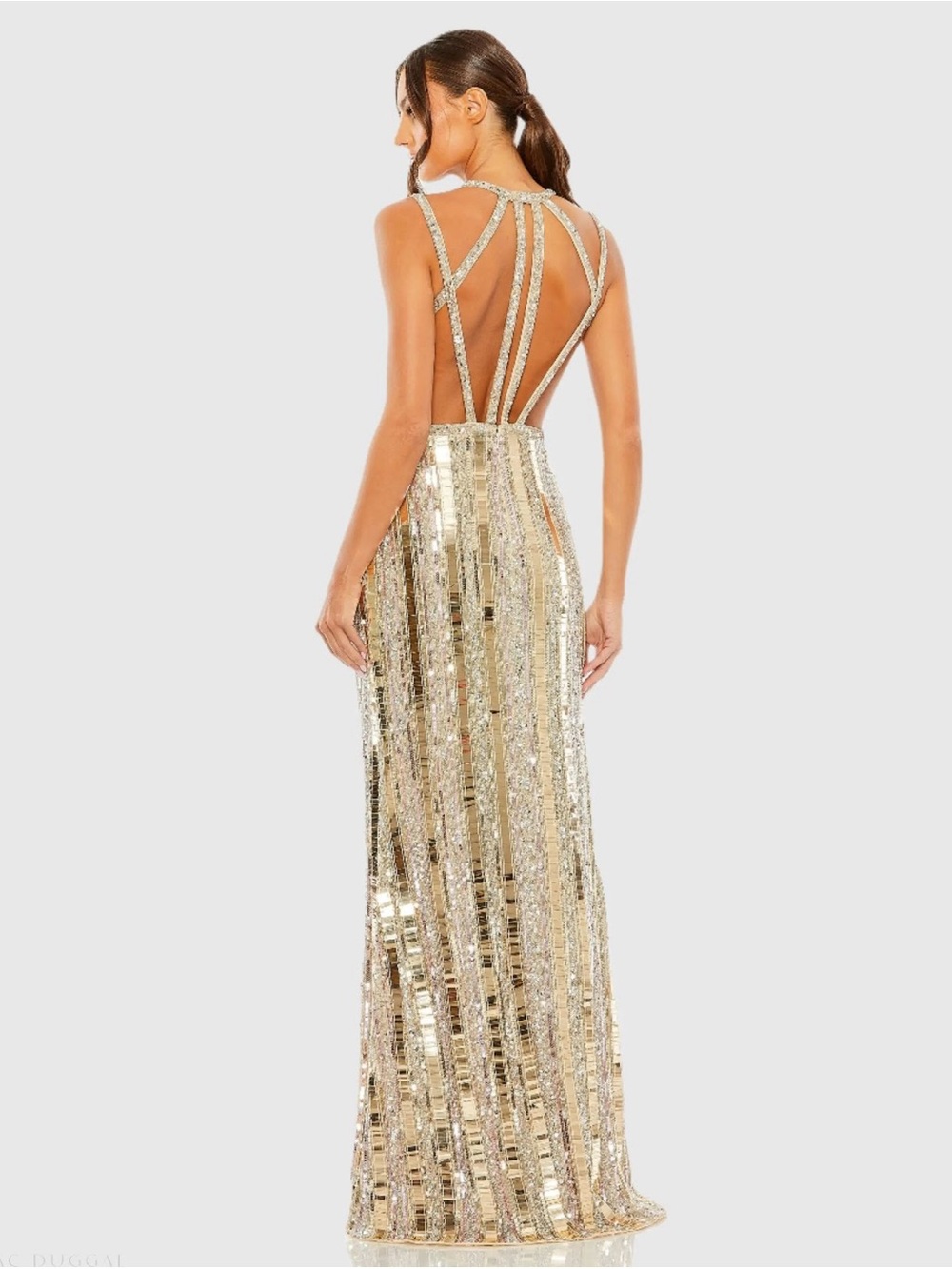Mac Duggal 93981 Gold and Silver Halter Neck Embellished Detailed Back Gown Sz 6 - Picture 3 of 15